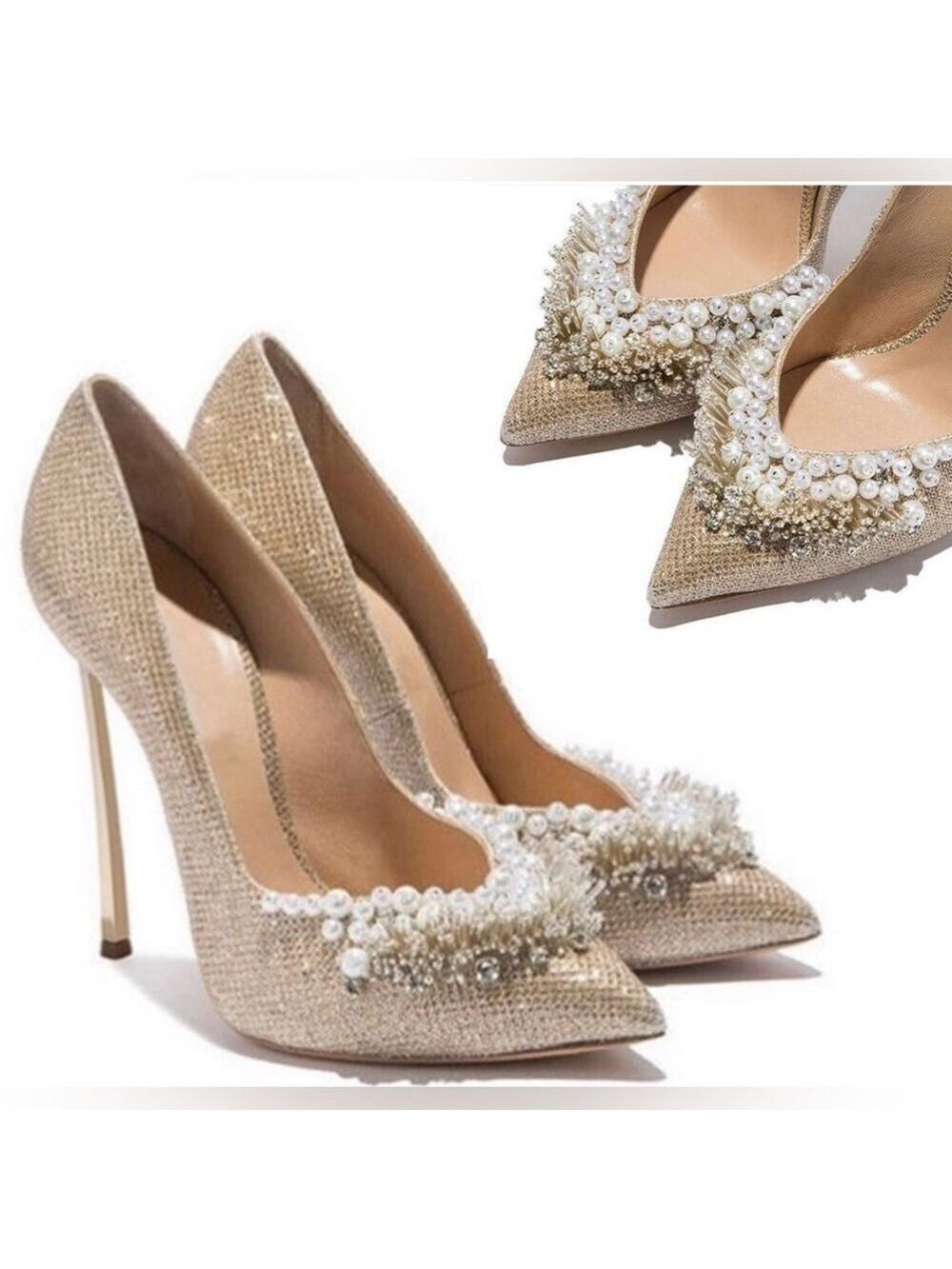 Casadei gold glitter stiletto blade high heel pumps 10 pearl beads rhinestones